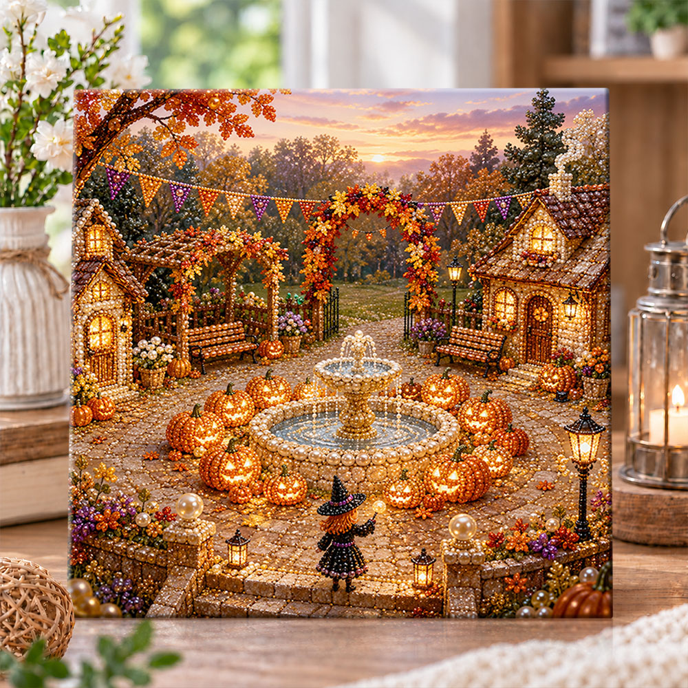 Fall pumpkin witch courtyard pearl diamond painting kit for beginners