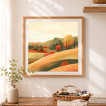 Finished fall rolling hills cross stitch artwork displayed as home decor