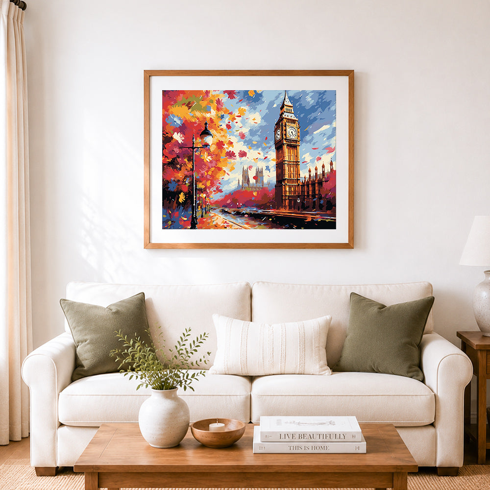 Finished fall scenery at big ben cross stitch artwork displayed as home decor