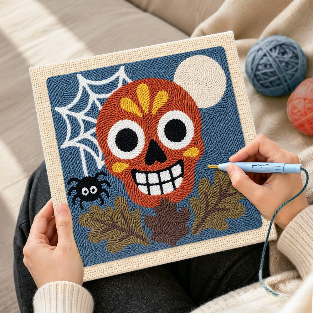 Creating handmade fall sugar skull art punch needle artwork