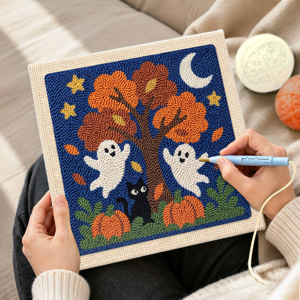 Creating handmade fall tree ghosts punch needle artwork