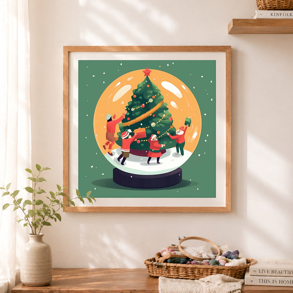 Finished family christmas snow globe cross stitch artwork displayed as home decor