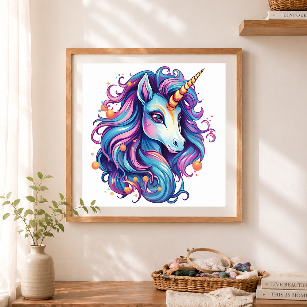 Finished fantasy color unicorn paint by numbers artwork displayed as home decor