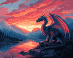 Fantasy dragon at sunset in mountain lake cross stitch kit for beginners