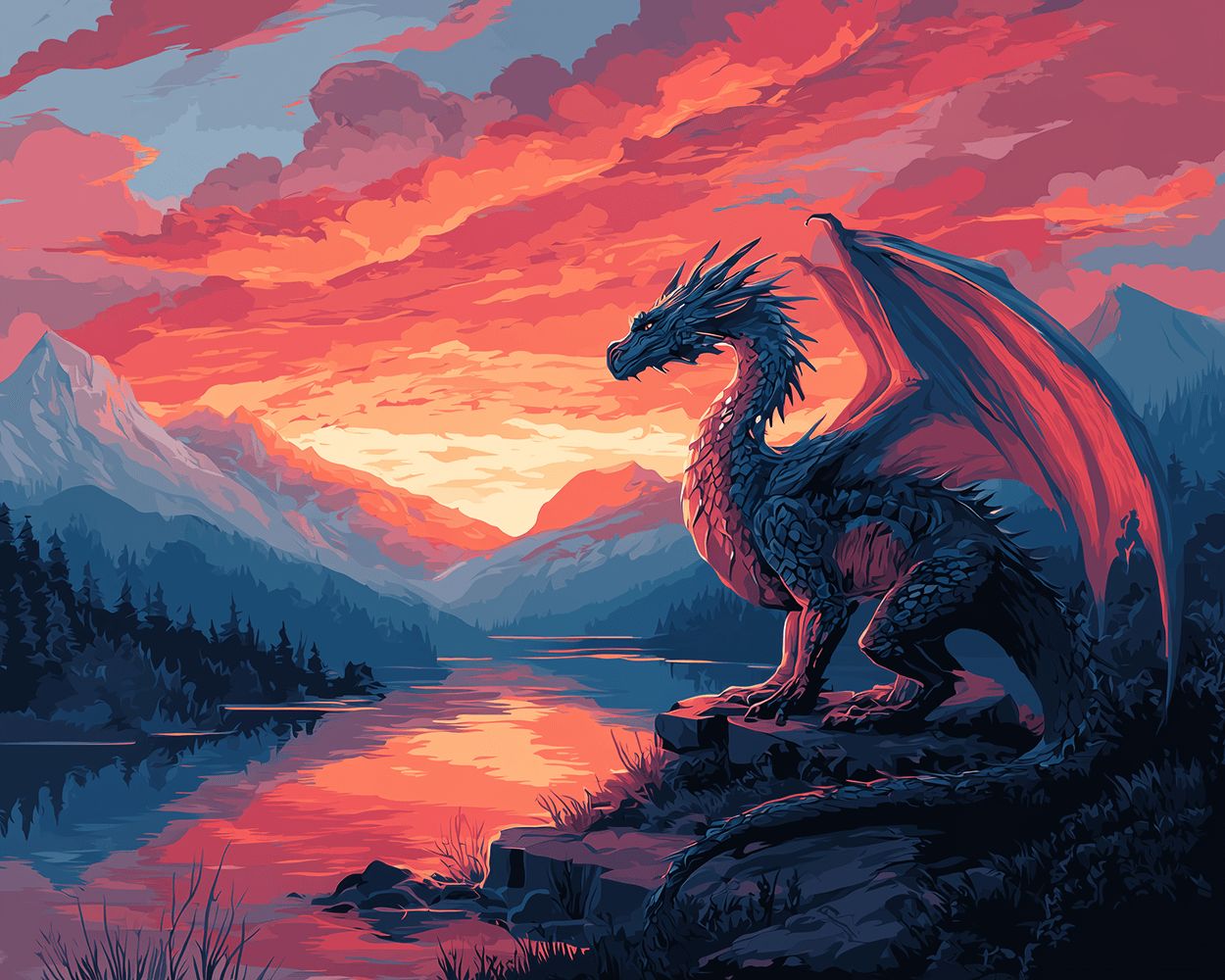 Fantasy dragon at sunset in mountain lake cross stitch kit for beginners