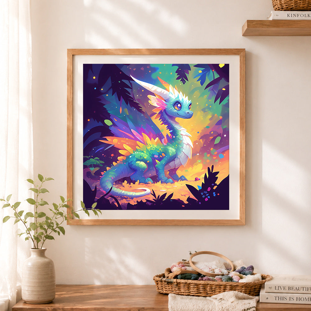 Finished fantasy forest dragon cross stitch artwork displayed as home decor