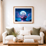 Finished fantasy galleon under a giant glowing moon cross stitch artwork displayed as home decor