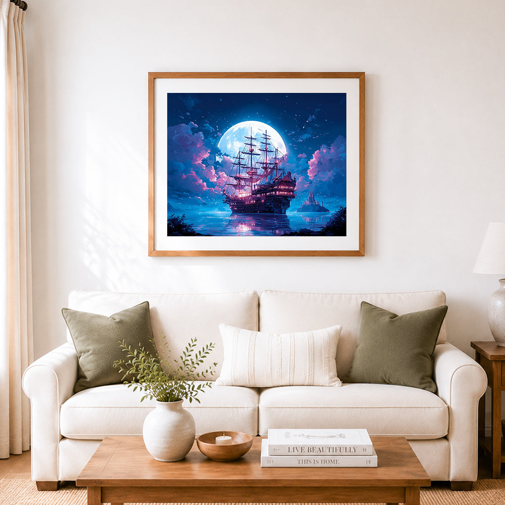 Finished fantasy galleon under a giant glowing moon cross stitch artwork displayed as home decor