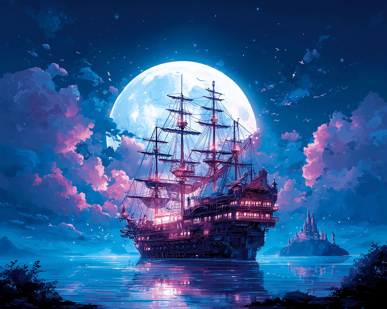 Fantasy galleon under a giant glowing moon cross stitch kit for beginners