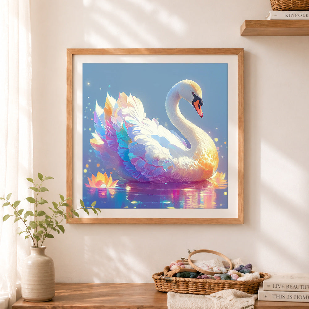 Finished fantasy iridescent swan cross stitch artwork displayed as home decor