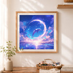 Finished fantasy starry dolphin cross stitch artwork displayed as home decor