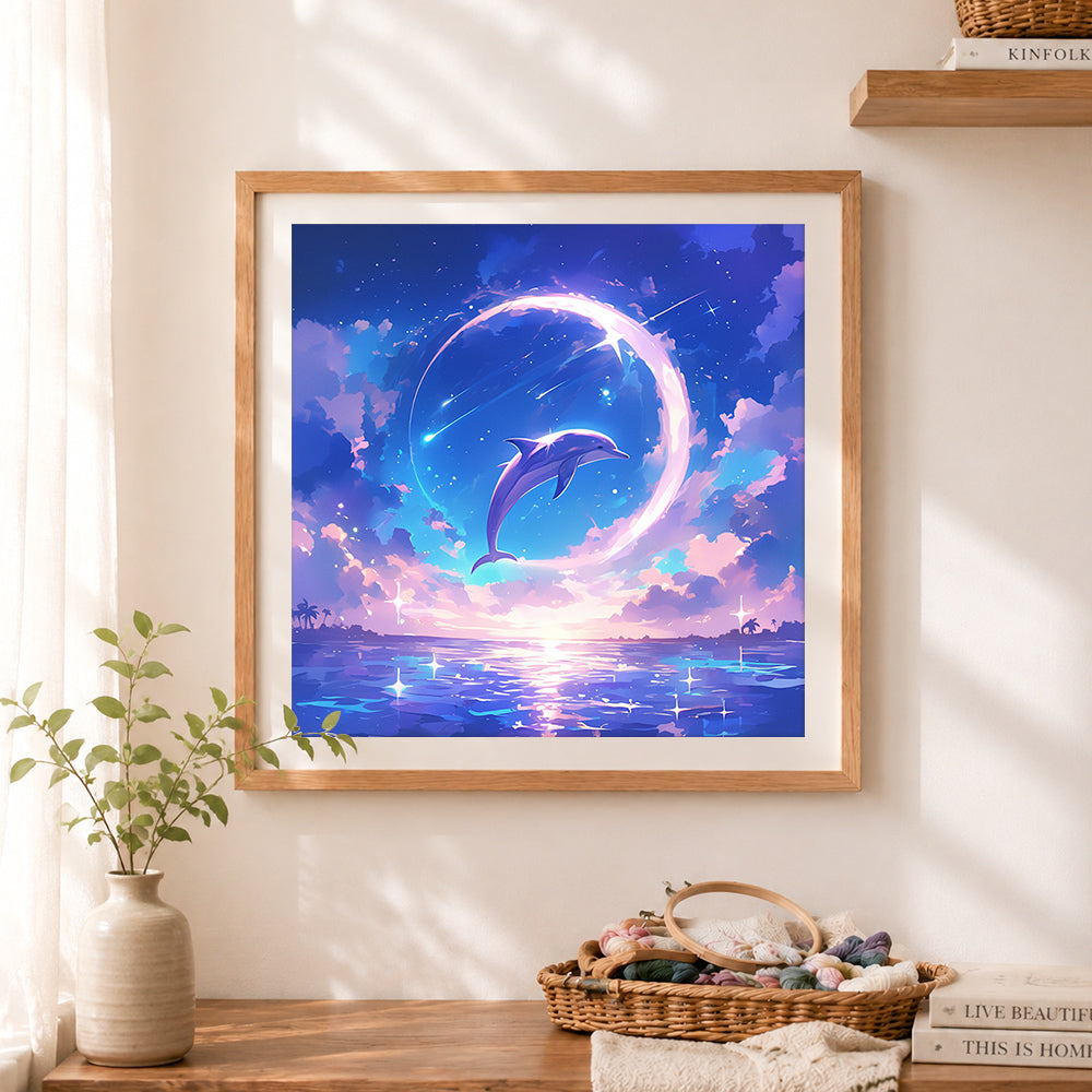 Finished fantasy starry dolphin cross stitch artwork displayed as home decor