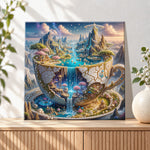 Finished fantasy teacup mountain kingdom pearl diamond painting artwork displayed as holiday home decor