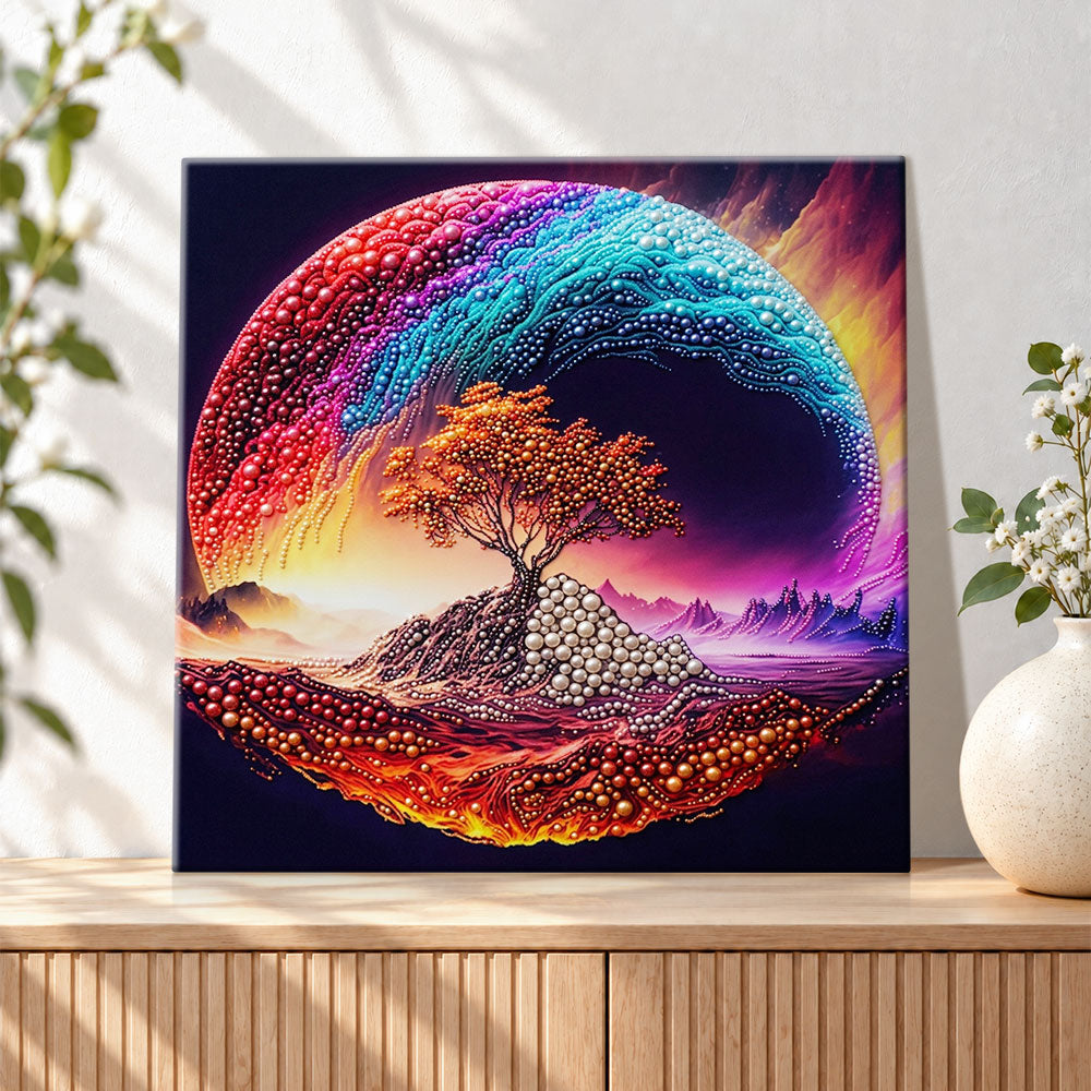 Finished fantasy tree on colorful planet pearl diamond painting artwork displayed as holiday home decor