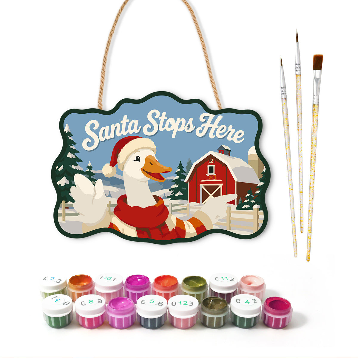 Farm christmas greeting paint by numbers door hanger with paints and brushes