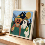 Farm halloween buddies punch needle artwork displayed on a table