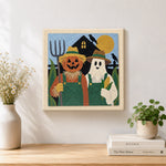 Finished farm halloween buddies artwork displayed on a wall
