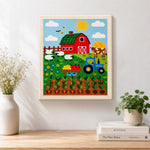 Finished farmyard animals and carrot field artwork displayed on a wall