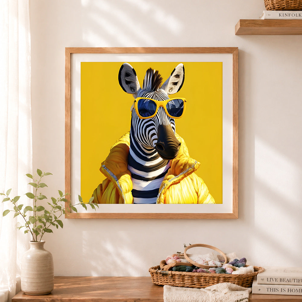 Finished fashion zebra with sunglasses cross stitch artwork displayed as home decor