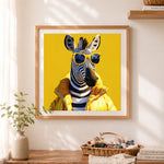 Finished fashion zebra with sunglasses cross stitch artwork displayed as home decor