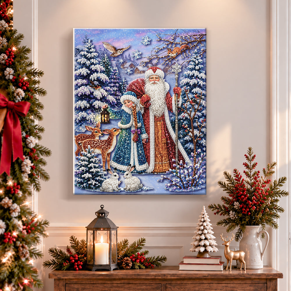 Finished father frost in winter forest pearl diamond painting artwork displayed as holiday home decor