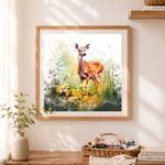 Finished fawn in wildflower meadow cross stitch artwork displayed as home decor