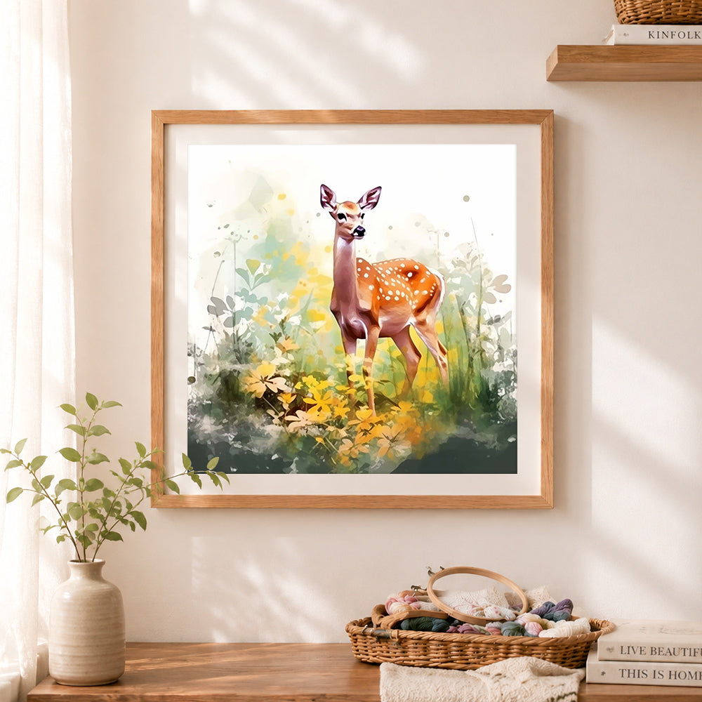 Finished fawn in wildflower meadow cross stitch artwork displayed as home decor