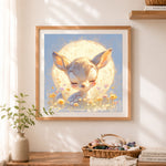 Finished fawn under full moon cross stitch artwork displayed as home decor