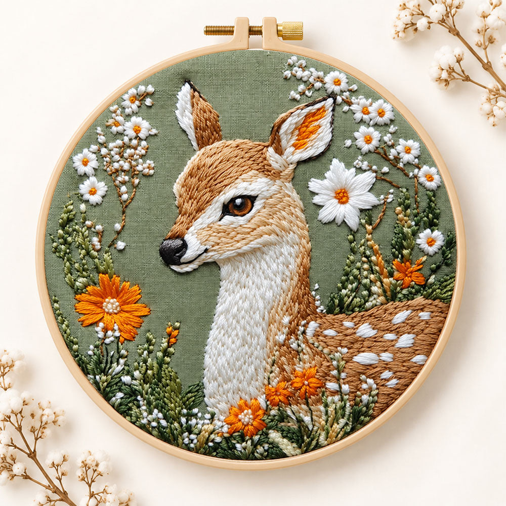 Fawn with daisies and orange blooms embroidery kit