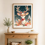 Finished festive baby deer cross stitch artwork displayed as home decor
