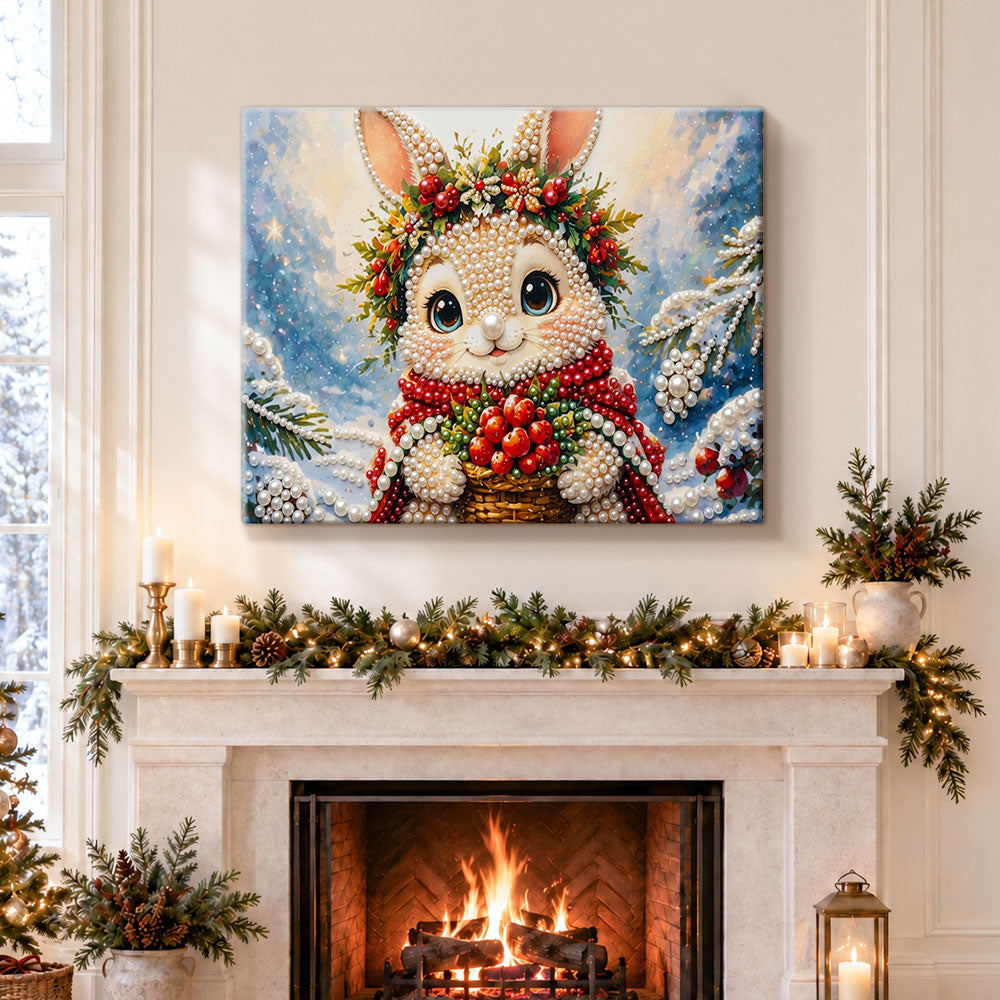 Finished festive bunny with berry basket pearl diamond painting artwork displayed as holiday home decor