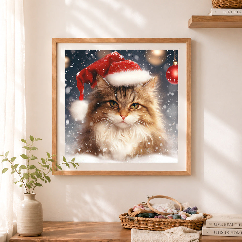 Finished festive cat in santa hat with snowflakes cross stitch artwork displayed as home decor