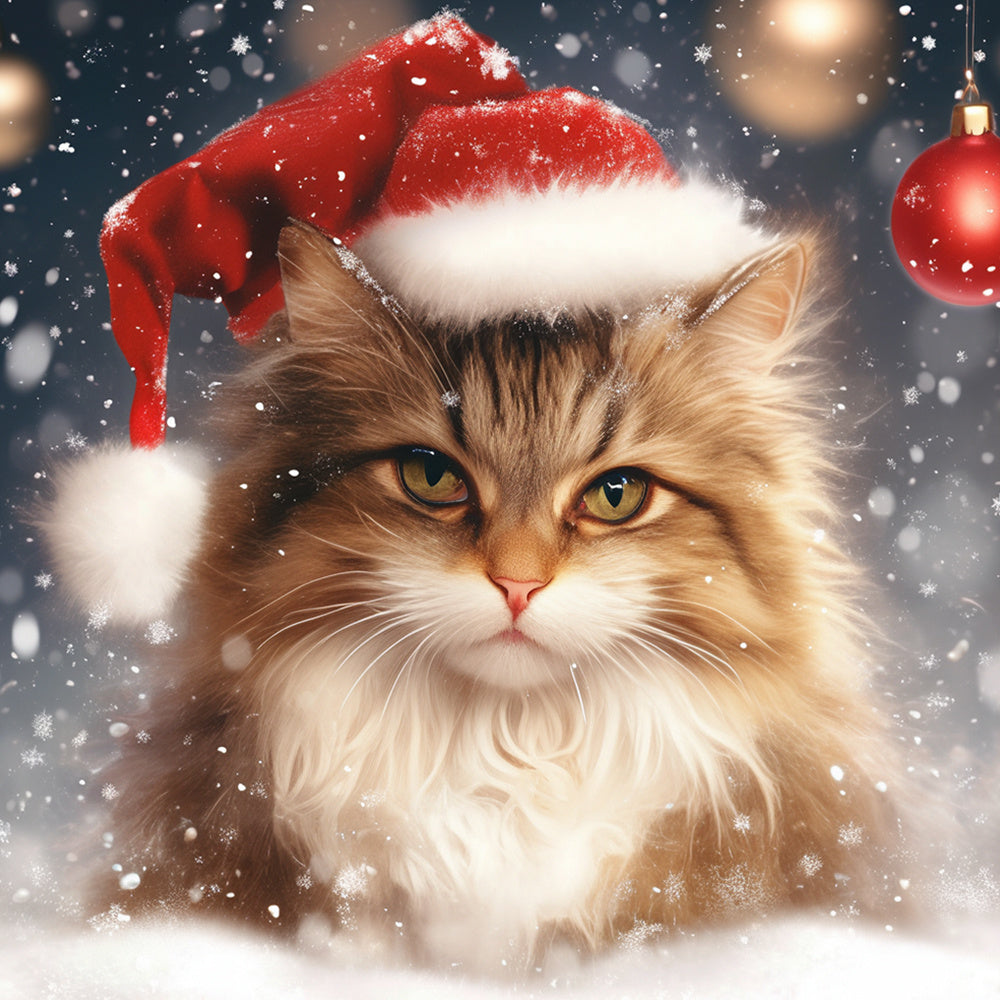 Festive cat in santa hat with snowflakes cross stitch kit for beginners
