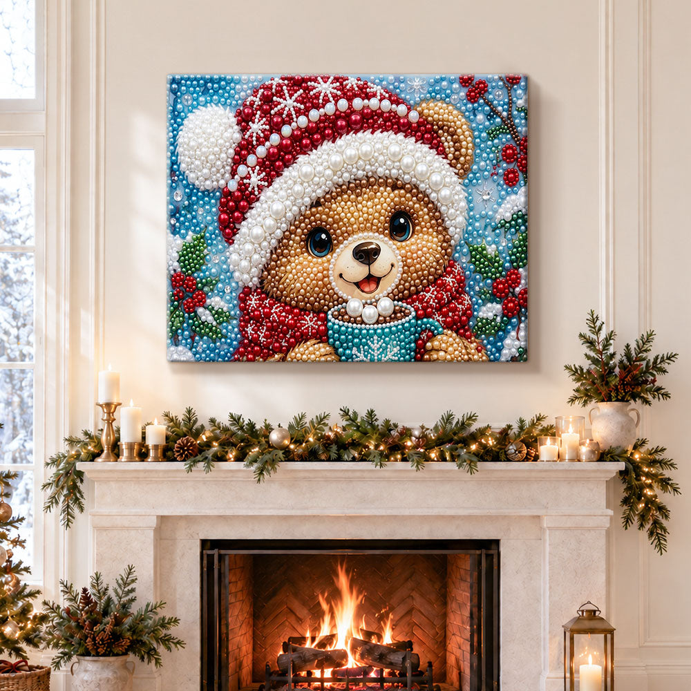 Finished festive christmas bear pearl diamond painting artwork displayed as holiday home decor