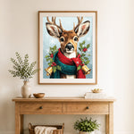 Finished festive christmas deer with scarf cross stitch artwork displayed as home decor