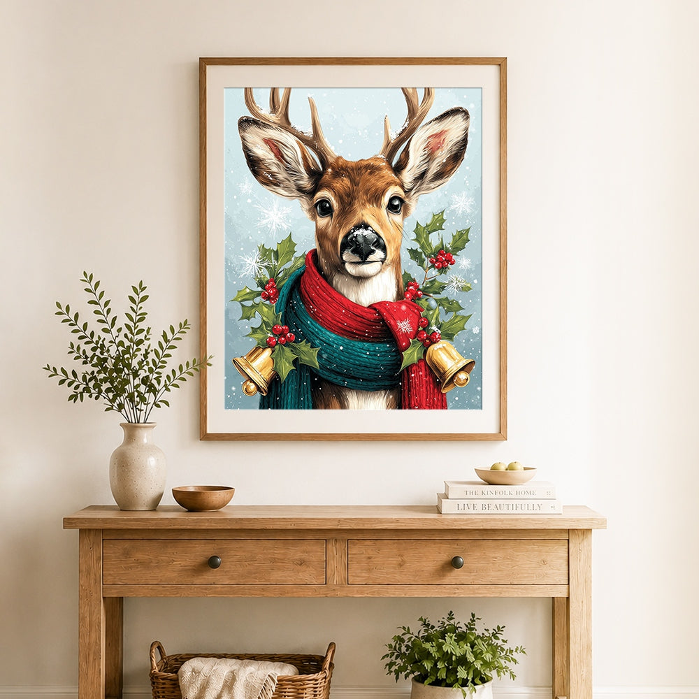 Finished festive christmas deer with scarf cross stitch artwork displayed as home decor