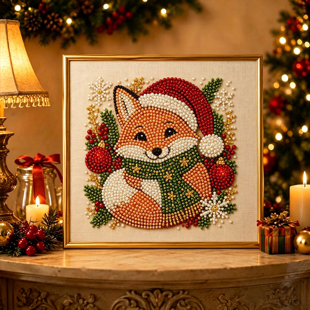 Finished festive christmas fox pearl diamond painting artwork displayed as holiday home decor