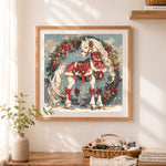 Finished festive christmas horse cross stitch artwork displayed as home decor