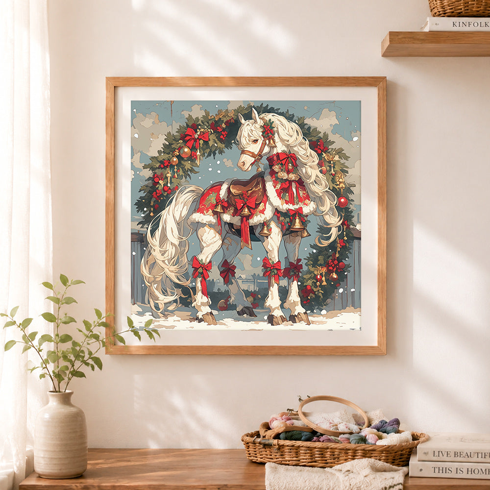 Finished festive christmas horse cross stitch artwork displayed as home decor