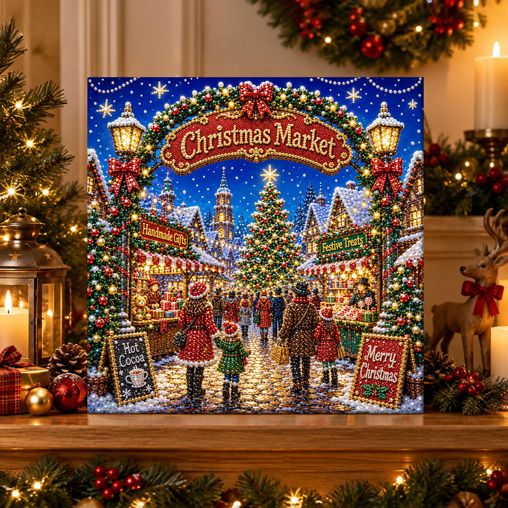Finished festive christmas market scene pearl diamond painting artwork displayed as holiday home decor