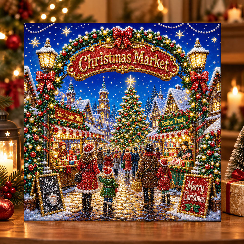 Festive christmas market scene pearl diamond painting kit for beginners