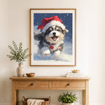 Finished festive christmas puppy cross stitch artwork displayed as home decor