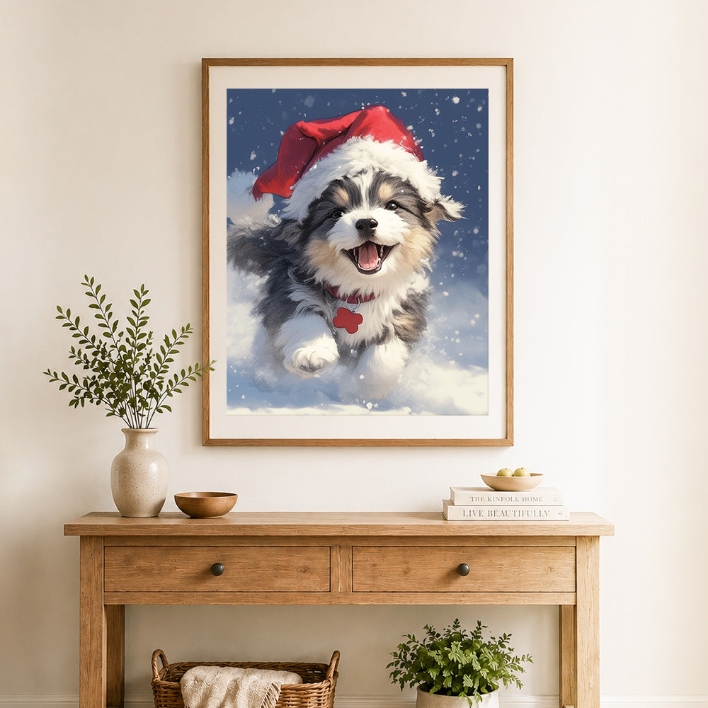 Finished festive christmas puppy cross stitch artwork displayed as home decor
