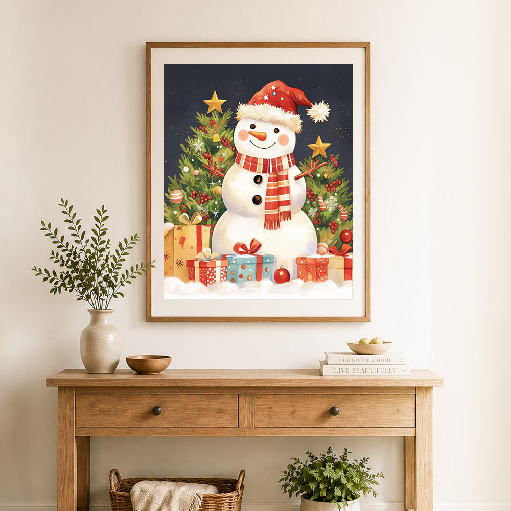 Finished festive christmas snowman cross stitch artwork displayed as home decor