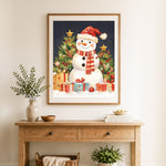 Finished festive christmas snowman cross stitch artwork displayed as home decor