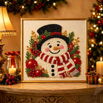 Finished festive christmas snowman pearl diamond painting artwork displayed as holiday home decor