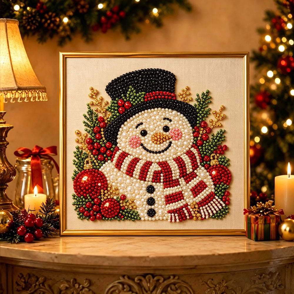 Finished festive christmas snowman pearl diamond painting artwork displayed as holiday home decor