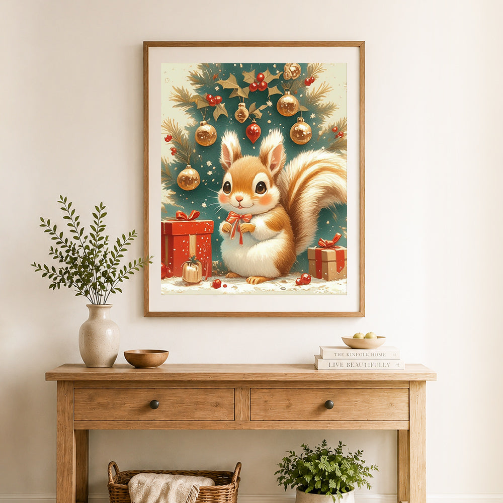 Finished festive christmas squirrel cross stitch artwork displayed as home decor