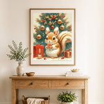 Finished festive christmas squirrel cross stitch artwork displayed as home decor
