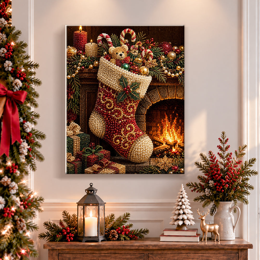 Finished festive christmas stocking pearl diamond painting artwork displayed as holiday home decor